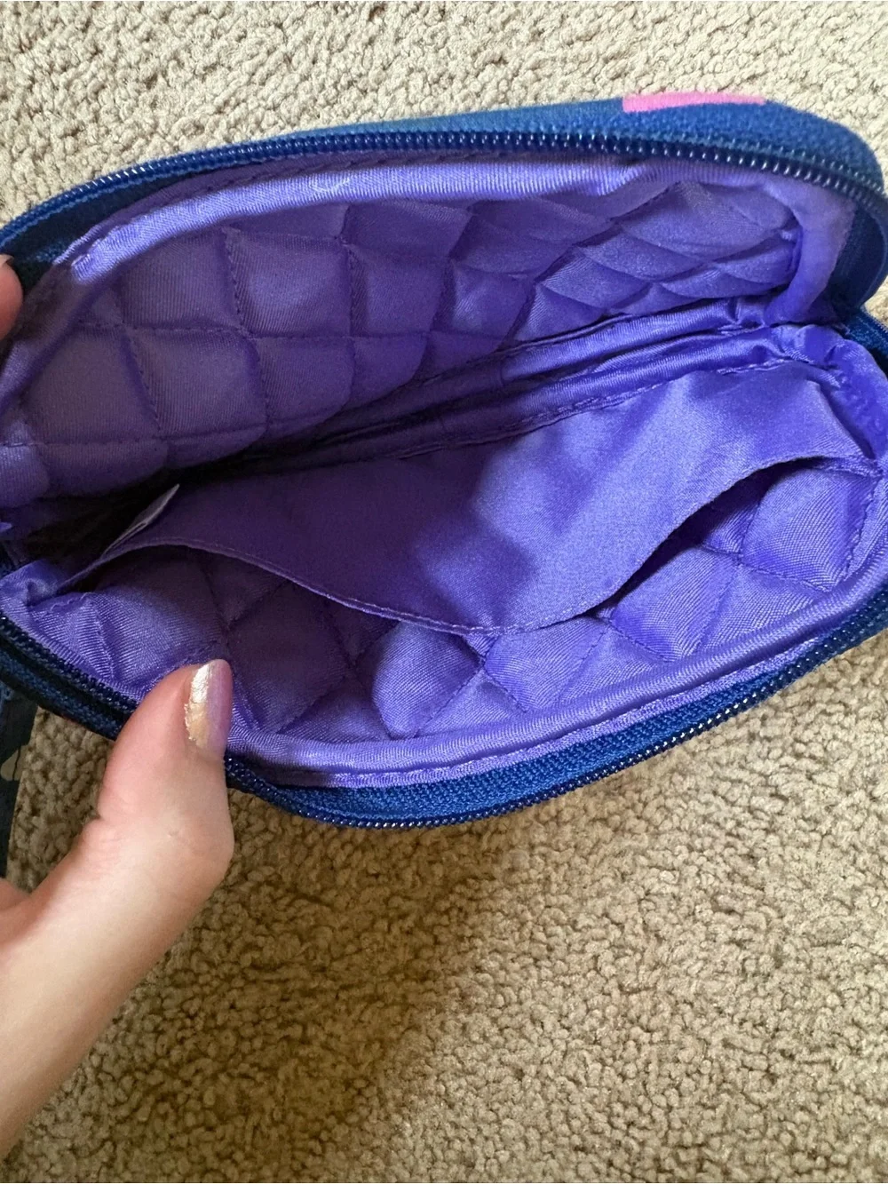 Vera Bradley Quilted Kids Wristlet in Navy with Pink & Purple Flowers